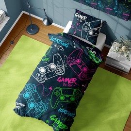 Gamer Single Duvet Cover - Neon Gaming Controllers Design - Reversible Bedding Set - Polycotton