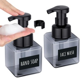 Segbeauty Square Foaming Soap Dispenser Bathroom, 2pcs 8.5oz Gray Foam Soap Dispenser for Kitchen Sink, 250ml Small Plastic Foam Bottle with Waterproof Labels, Foaming Bottle Set for Shampoo Face Wash