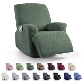 KinCam Recliner Covers, Stretch Reclining Chair Covers, Recliner Sofa Slipcovers Stripe Jacquard Recliner Couch Covers Furniture Protector Covers for Pet Kid (1 Seater, Greyish Green)