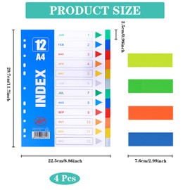 Pack of 4 Dividers for A4 Folders, Porous Multi-Purpose Index Dividers with Numbers 1-12 Index, Multi-Purpose Folder Dividers A4 Made of Polypropylene, Extra Wide 12-Piece Index for Folder A4 with