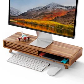 Tinamo Acacia Monitor Stand Riser with Sliding Door - - Wooden Monitor Riser for Desk - Computer Monitor Stand for Desk - Multi-Purpose Desktop Storage Stand for Computer; Laptop; TV(24.4 " x 8" x 5")