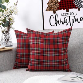 CARRIE HOME Christmas Red Tartan Plaid Pillow Covers 16x16 Set of 2 Red Outdoor Christmas Plaid Decor Pillows 16 x 16 for Bedrroom Sofa and Couch (No Inserts)