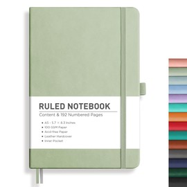 RETTACY Journaling Notebooks, A5 Lined Notebook Journal with 192 Numbered Pages, 5.7'' × 8.3'', Medium Size, Journal Notebook for Writing, Work, Leather Hardcover, 100 GSM Thick Paper (Light Green)