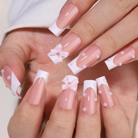 WAFOLOZE White French Tip Press On Nails - Long Press On Nails Square Fake Nails with Pink Bow&Pearl Charm, Artificial Nails 16 Sizes - 32Pcs False Nails Tips Kit, Stick On Nails for Women
