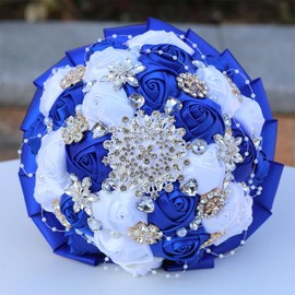 Mhojpik 6.3" Royal Blue & White Bridal Wedding Bouquet Round Holding Bouquet Throw Toss Artificial Rose Flower Bunch for Bride Bridesmaid Wedding Quinceanera