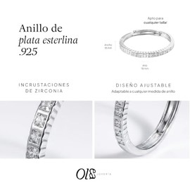 OLEA Anillo Ajustable de Promesa o Compromiso, Churumbela Plata 925 con Zirconia Cuadrada, Anillo Plata 925 Mujer, Empaque Perfecto como Regalo para E
