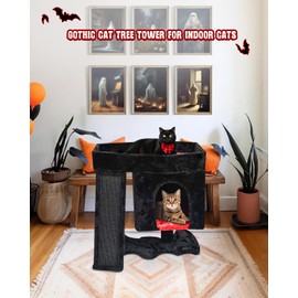 SYANDLVY Gothic Cat Tree with Coffin Bed for Indoor Cats, Cat Tower with Scratching Post, Modern Activity House for Large Cats, Condo with Board, Kittens Cave, Black & Red