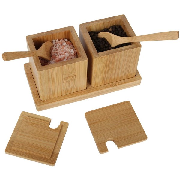 Lily's Home Bamboo Wood Salt and Pepper Spice Serving Bowl Box with Spoons and Tray