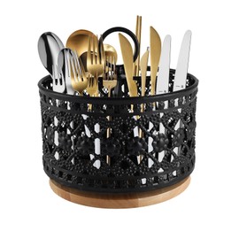 Gzsekken 360° Rotating Utensil Holder 4 Compartment Black Metal Cutlery Holder for Party, Picnic or Camping, Cutlery Caddy with Wooden Base, Utensil Pot for Kitchen Storage & Organisation