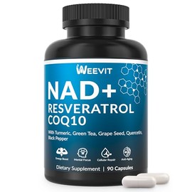 Suplemento de resveratrol NAD+, suplemento NAD con COQ10, quercetina, cúrcuma | Sin gluten, sin OMG