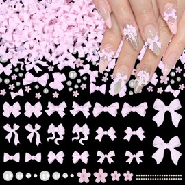 200 Pcs Pink Bow Nail Charms, 3D Bows Bow Tie Nail Art Charms for Acrylic Nails Flowers Resin Nail Charms Half Nail Pearls, Mixed Bows Bowknots Nail Art Charms for Nail Art DIY Accessories