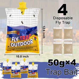Disposable Fly Traps 4 Pack Big Bags Outdoor, Flies Catcher Traps with Natural Pre-Bait Refill Repellent, Stable Horse Ranch Trapper Outdoor Hanging Fly Killer Helps Control Flies
