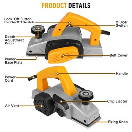 Hoteche 3-1/4-Inch 4.7-Amp Electric Hand Planer for woodworking – High-Speed Corded Wood Planer with TCT Blade, Copper Motor, and Complete Accessory Kit