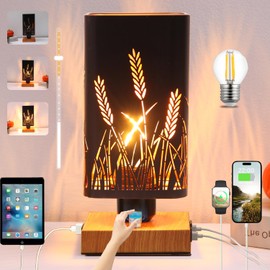 Industrial Table Lamp with USB Ports and Outlet, Rustic Dimmable Bedside lamp with Charging Station, Metal Square Shadow Nightstand Lamp, Night Light for Kids Bedroom Living Room End Tables