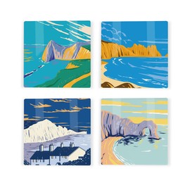 South Coast England Ceramic Coaster Set - Cornwall Dorset Jurassic Coast Landmarks/Landscapes Square Set of Four (4) Coasters Gift
