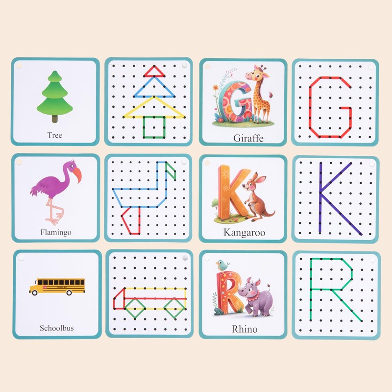 Auvewilo Wooden Geoboard | Cute Flashcards & Rubber Bands Included