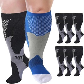Cheeroyal 6 Pairs plus size compression socks wide calf for Men Women 20-30mmhg for Running Travel Flight Teachers Older Adult (5XL, Black)