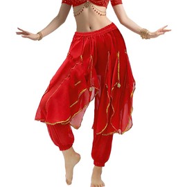 Women‘s Belly Dance Harem Pants with Golden Trim - High Waist Stretchy Pants for Yoga Practice Stage Performance (US, Alpha, One Size, Regular, Regular, Red)
