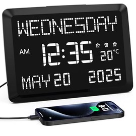 Mesqool Mesqool Digital Calendar Day Clock, 11.5 Extra Large Dementia Clock with Clear Temperature Display, Alarm Clock with Snooze, 5 Dimmer and USB Chargers, Desk and Wall Clock for Elderly and Memory Loss