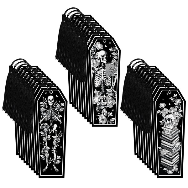 Kitticcino 30Pcs Skeleton Coffin Bookmarks Gothic Book Marker with Black