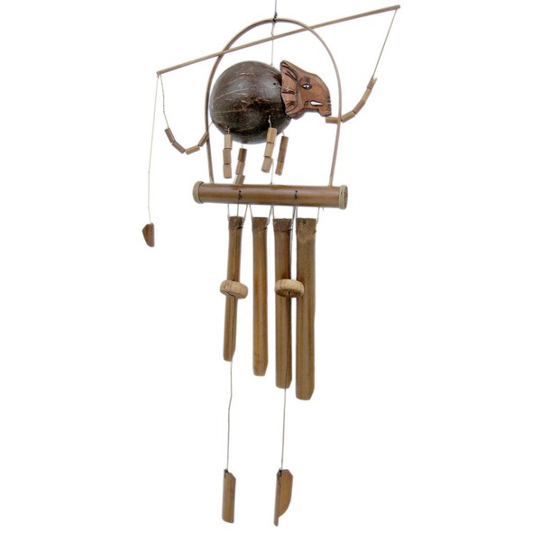 OMA Bamboo Wind Chime Hand Crafted Bobbing Elephant Wood Wind Chime Mobile Tiki Tropical Home Yard Decor