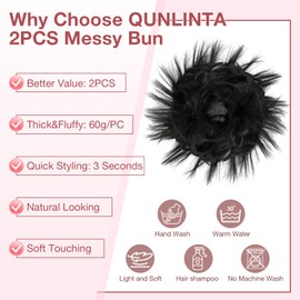 Qunlinta 2 PCS Large Messy Bun Hair Piece, Thick Tousled Updo Wavy Curly Hair Bun Scrunchies Extensions Synthetic Chignon Updo Hairpieces for Women Girls Natural Black