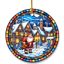 Christmas Ceramic Hanging Ornament in Stained Glass Patterns, Christmas Keepsake Accessories for Xmas Tree Decorations, Retro Style Funny Santa and Snow House Ceramic Ornament for Xmas Decors