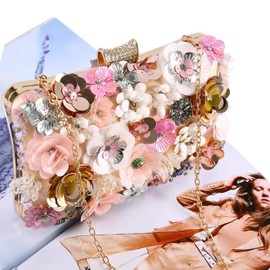Selighting Colorful Floral Clutch Evening Bags for Women Formal Beaded Bridal Wedding Purse Prom Cocktail Party Handbags Champagne