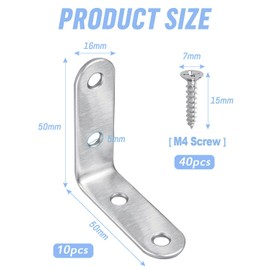 TOP-VIGOR 10Pcs Angle Brackets, 50mm x 50mm L Brackets for Wood 90 Degree Small Right Corner Bracket, Metal Brackets Stainless Steel Corner Braces with Screws for Furniture Shelf Chair Table Window