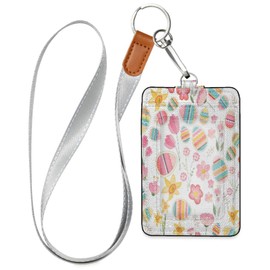 YETTASBIN Easter Flower Eggs ID Badge Holder with Removable Lanyard, Vertical PU Leather Cards Holder with 1 Clear ID Window and 2 Cards Slot for Office and School