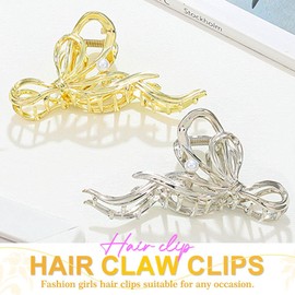 Reaky Metal Hair Claw Clips Gold Bow Hair Claws 2 Pcs Large Bowknot Claw Clips Pearls Hair Accessories for Women