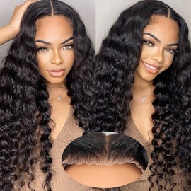 Glueless Curly Wigs Human Hair 7x5 Wear and Go Wigs Human Hair Pre Plucked Pre Cut Black Deep Wave Closure Lace Front Wigs Human Hair 12a 180% Density Loose Curly Wig Bleached Knots for Women 18 Inch