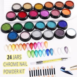 Kit De 24 Colores De Polvo Cromado Para Uñas Con Efecto Espejo, Dorado, Plateado, Rojo, Verde Y Negro, Con Aplicador De Silicona Y Pincel, Polvo De Pu