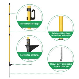 FENSMILE 46 Inches Electric Fence Posts with Adjustable Clips, 20PCS Fiberglass Step in Posts with Metal Spikes, Fence Post for Patio, Garden, Lawn