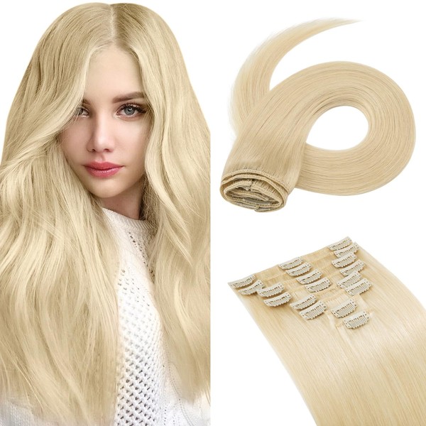 Hairro Clip in Hair Extensions Human Hair 22 inch #613 Bleach Blonde 75g 100% Real Remy Human Hair 8pcs Clip in Hair Extension for Women Soft Smooth Natural Straight Hair