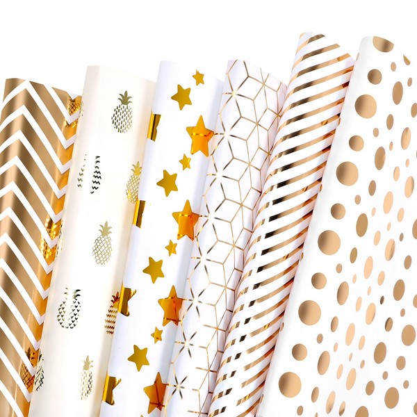 MAMUNU Gift Wrapping Paper Sheets, Multicolor Colorful Wrapping Paper for Women Men, Birthday or Party, 6 Folded Sheets, 50CM X 70CM (Gold)