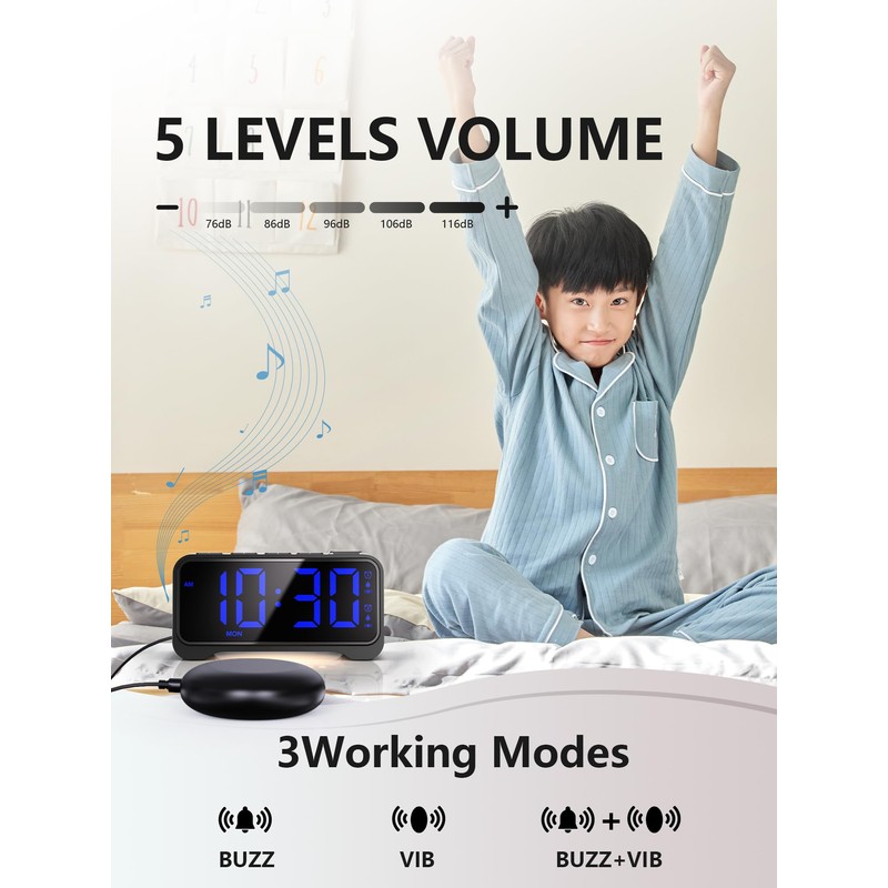 Mesqool Extra-Loud Alarm Clock with Bed Shaker for Heavy Sleepers,