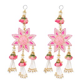 Set of 2 Door Hanging with Artificial Rose Flower Made Up of MDF Cloth Flower Wooden Beads for Home Wall Temple Door Festival Hanging Indian Traditional Festival Navratri Decor (Size: 16 x 5 inches