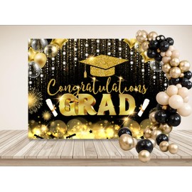 LYRYGS 8X6ft Graduation Backdrop Congrats Graduation Prom Backdrop Celebrating Grade Party Decorations Black and Golden Balloons cp-496-0806