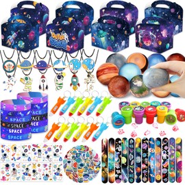 Bluegogo 151Pcs Space Party Favors, Space Birthday Party Decorations Include Stress Ball Bracelet Tattoo Stickers Stamp, Necklace, Rocket Keychain Gift Box for Kids Space Party Supplies