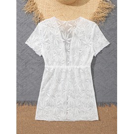 WDIRARA Girl's Tropical Pattern Lettuce Hem Mini Cover Up Dress Collarless Neck Short Sleeve Mesh Beach Dress White 9Y