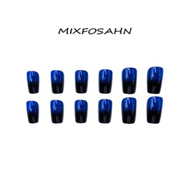 French Tip Press on Nails Short Square Fake Nails Cobalt & Black Gradient False Nails Advanced Beauty Glossy Glue on Nails Full Cover Stick on Nails Acrylic Nails for Women Girls 24 Pcs