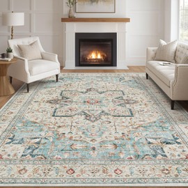 Area Rug Living Room Rugs - 8x10 Washable Boho Rug Vintage Oriental Distressed Farmhouse Large Thin Indoor Carpet for Living Room Bedroom Under Dining Table Home Office - Aqua Multi