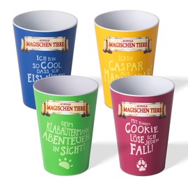 AWAVE The School of Magic Animals Children's Drinking Cups Set of 4 250 ml RPET Fox Rabbat Penguin Juri Tortoise Henrietta Chameleon Caspar Children's Cup BPA Free Stackable Reusable Measuring Line