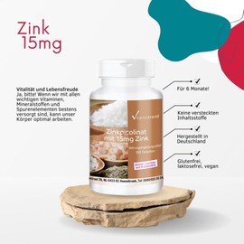 Zinc 15mg (Elemental Content) Hochdosiert Vegan Zinc Picolinate, Zinc No Magnesium Stearate, Zinc 180 Tablets for 6 Months for Skin, Hair, Nails and Immune System