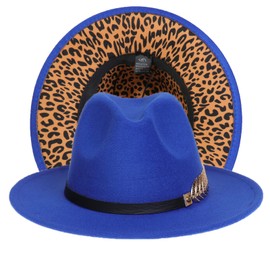 JK Home Womens Mens Classic 1920s Gatsby Fedora Hats, Patchwork Two Tone Wide Brim Panama Roaring Jazz Cap Blue/Leopard