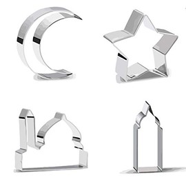 Mubarak Cookie Cutter Islamic Eid Ramadan - Moon Crescent Star Mosque Dome - 4 Piece Stainless Steel Set