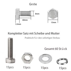 60 pieces M8 x 60 stainless steel hexagon screws with nuts and washers set, hexagon screws, machine screws, thread screws, DIN 933, hexagonal screw with pure thread