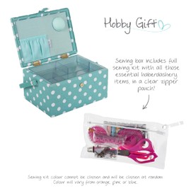 Hobby Gift Exclusive Pre-filled Sewing Box Craft Storage Box with 94 Pieces Sewing Kit Included, 18.5 x 25.5 x 14.5 cm, Duck Egg Blue Polka Dots