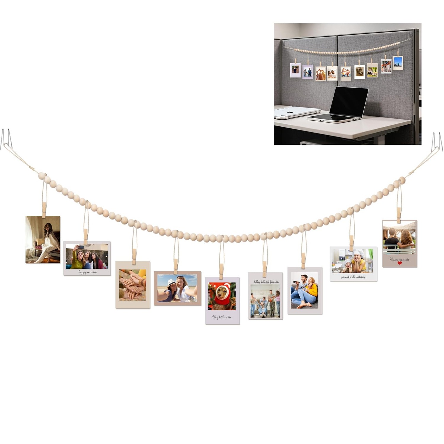 Office Cubicle Hanging Photo Display with Clips, 9 Wood Clips,2 Cubicle ...